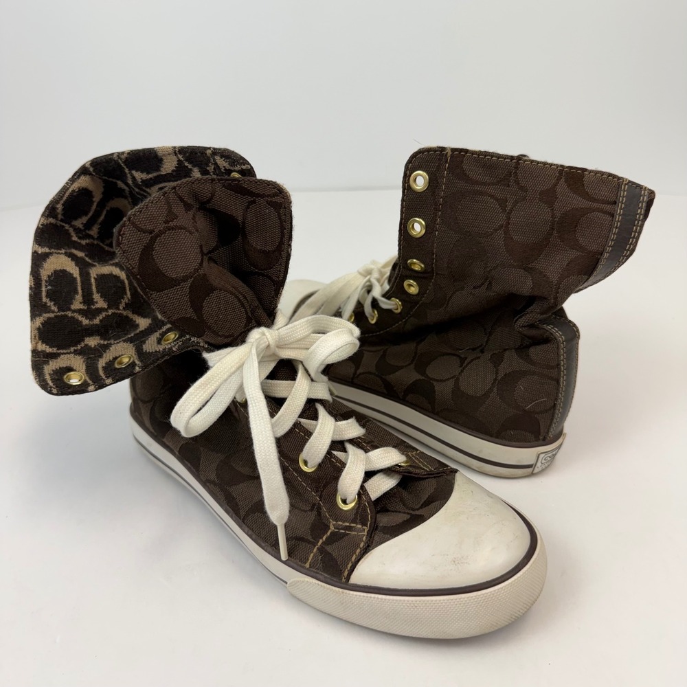 Coach Bonney Brown Signature Monogram Fold Over Leopard High Top Sneakers 7M